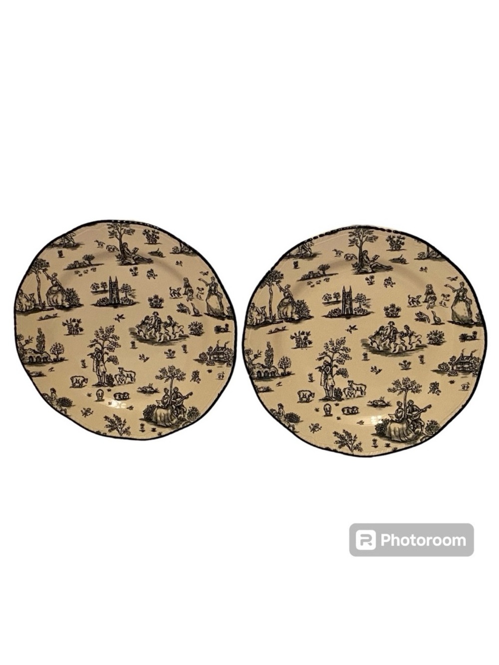 WOOD & SONS SET OF 2 DINNER PLATES TOILE DE JOUY BLACK CREAM 10.75” HOME DINING